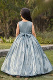 Steel Blue Oversized 3D Flower Party Wear Gown For Girls