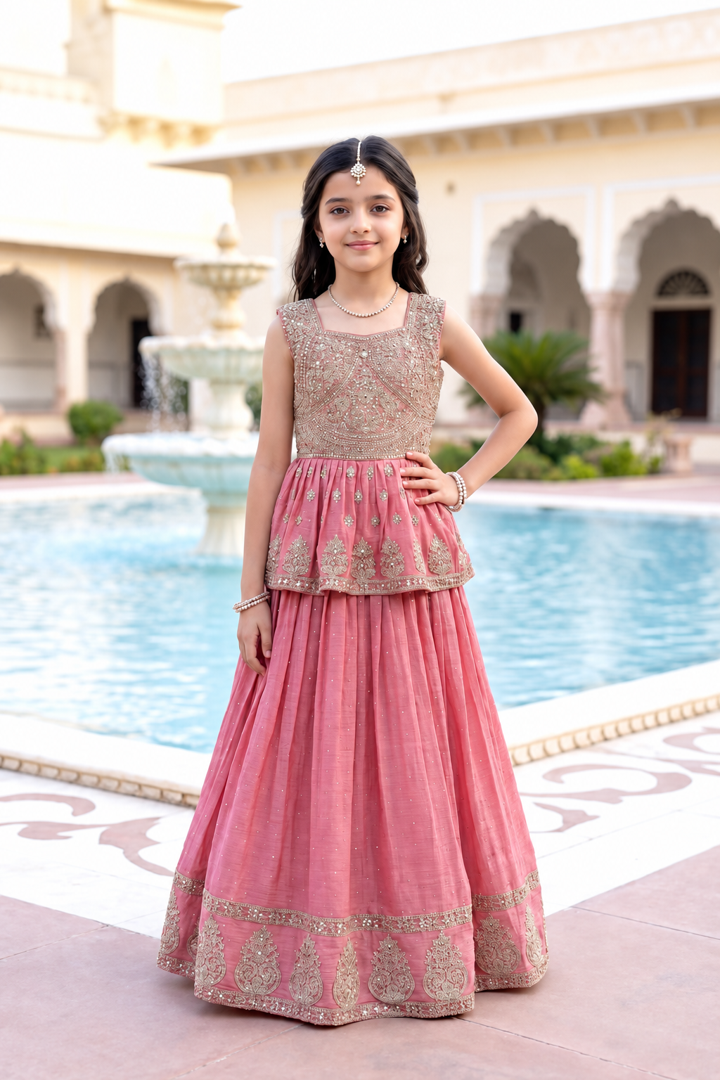 Pink Zari Embroidered Peplum Top With Lehenga Set For Girls