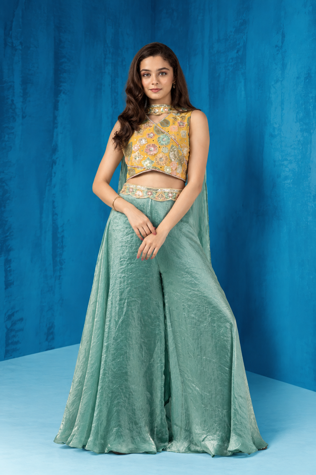 Mustard Yellow and Sage Green Embroidered Palazzo Set for Girls