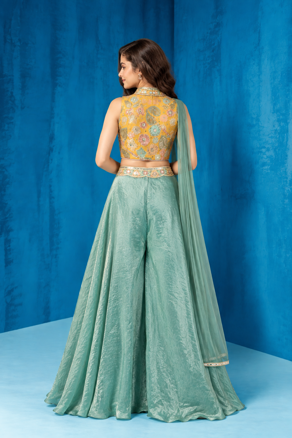 Mustard Yellow and Sage Green Embroidered Palazzo Set for Girls