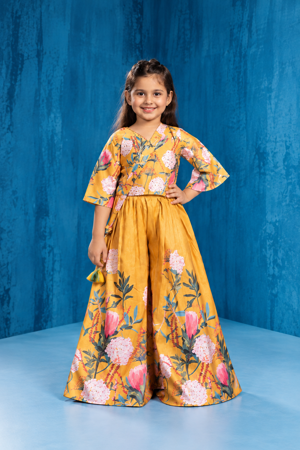 Girls Mustard Yellow Floral Printed Palazzo Set