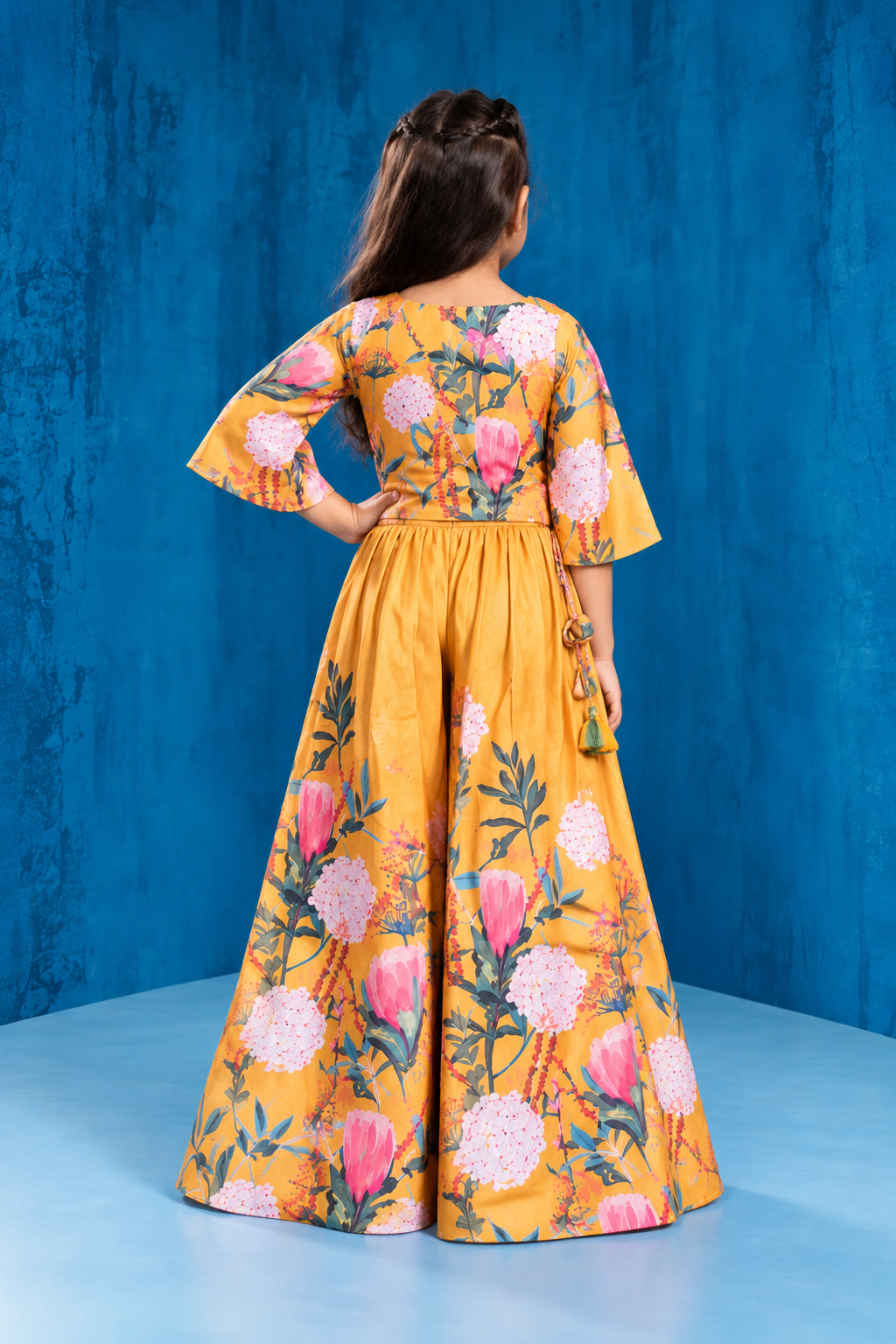 Girls Mustard Yellow Floral Printed Palazzo Set
