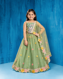 Girls Pista Green Floral Embroidered Lehenga Choli