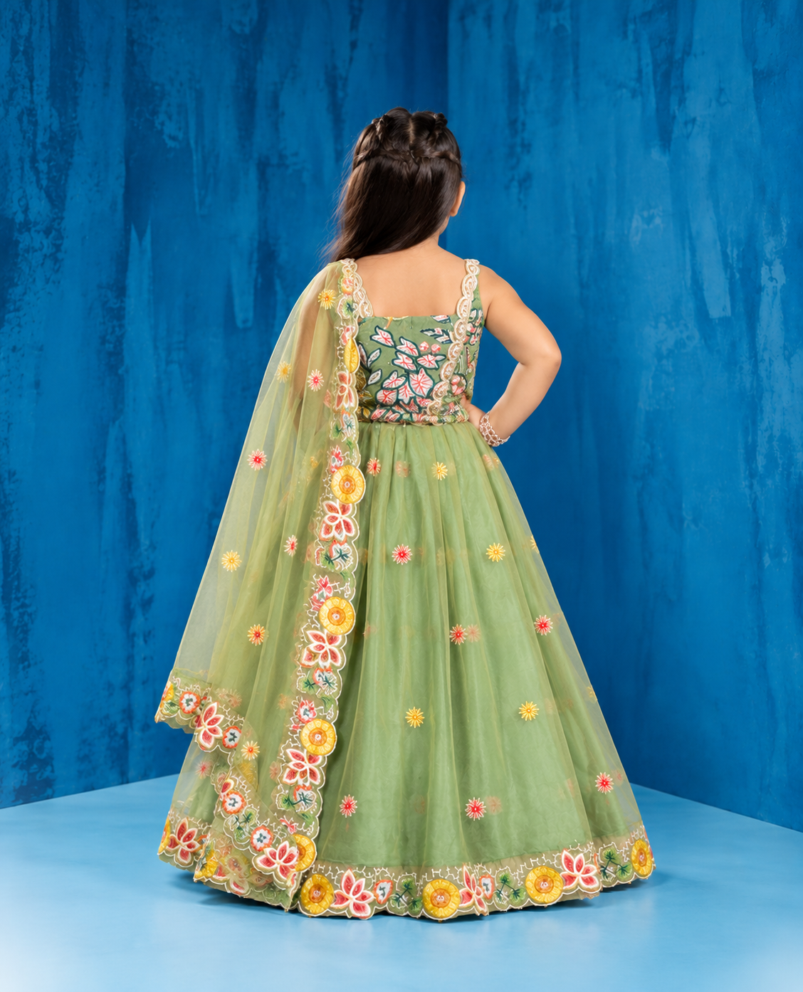Girls Pista Green Floral Embroidered Lehenga Choli