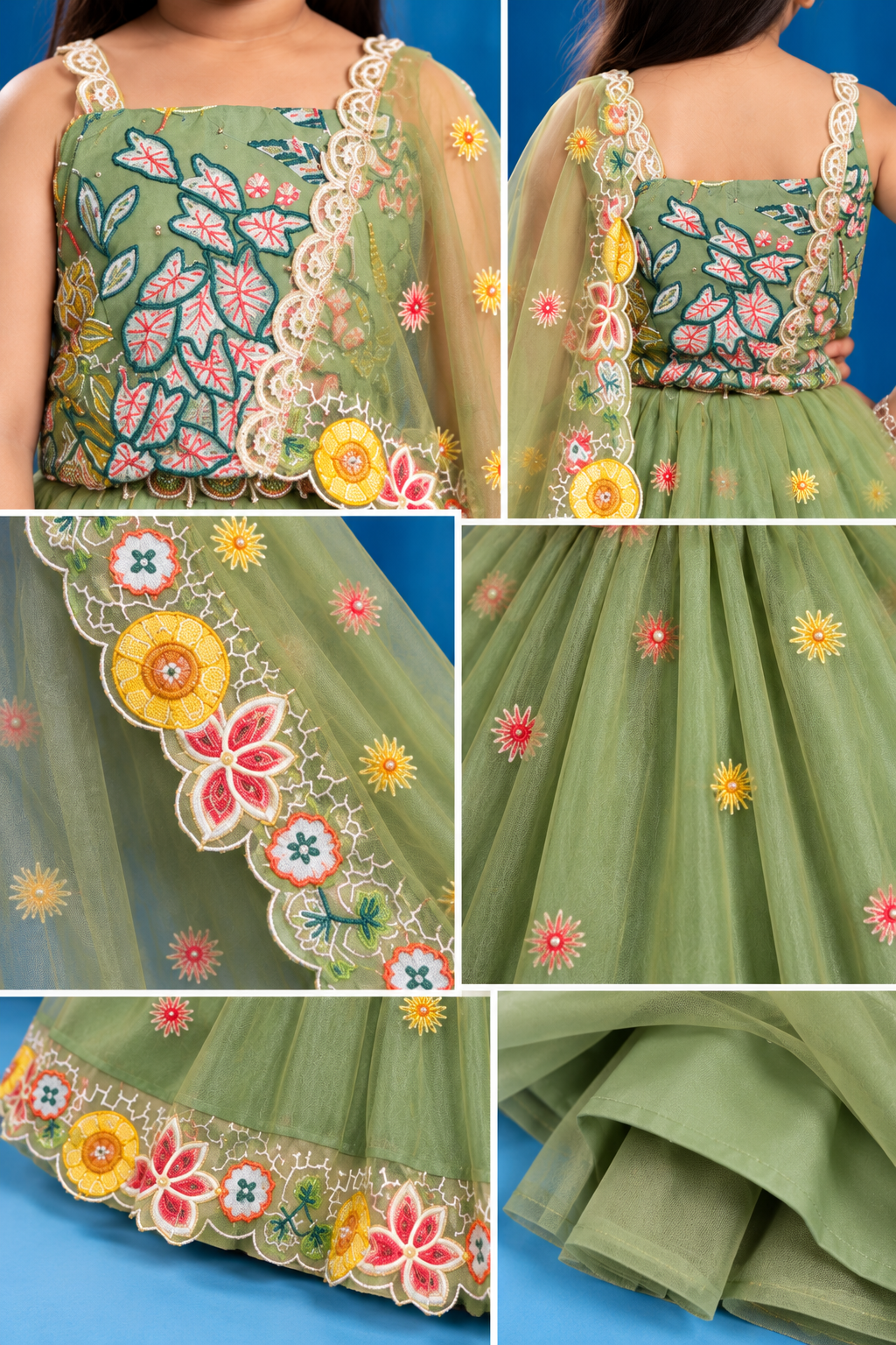 Girls Pista Green Floral Embroidered Lehenga Choli