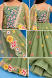Girls Pista Green Floral Embroidered Lehenga Choli