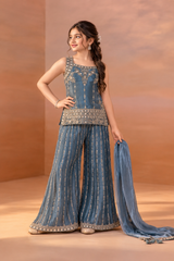 Blue Designer Embroidered Palazzo Set For Girls