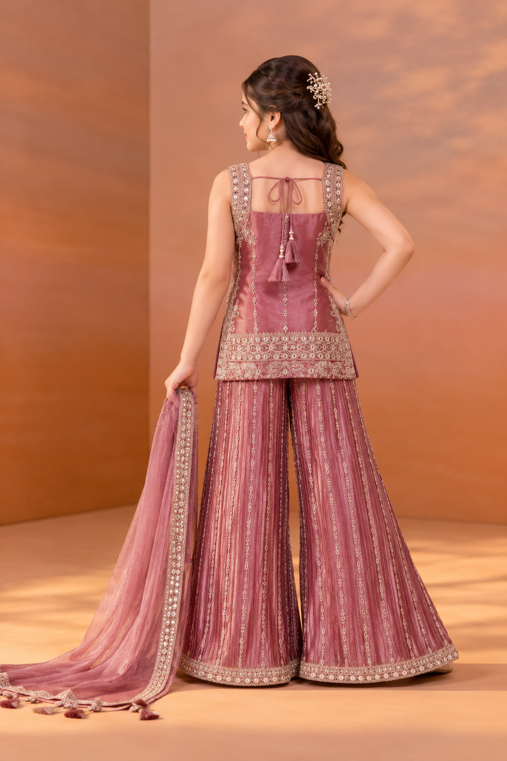 Dusty Pink Designer Embroidered Palazzo Set For Girls