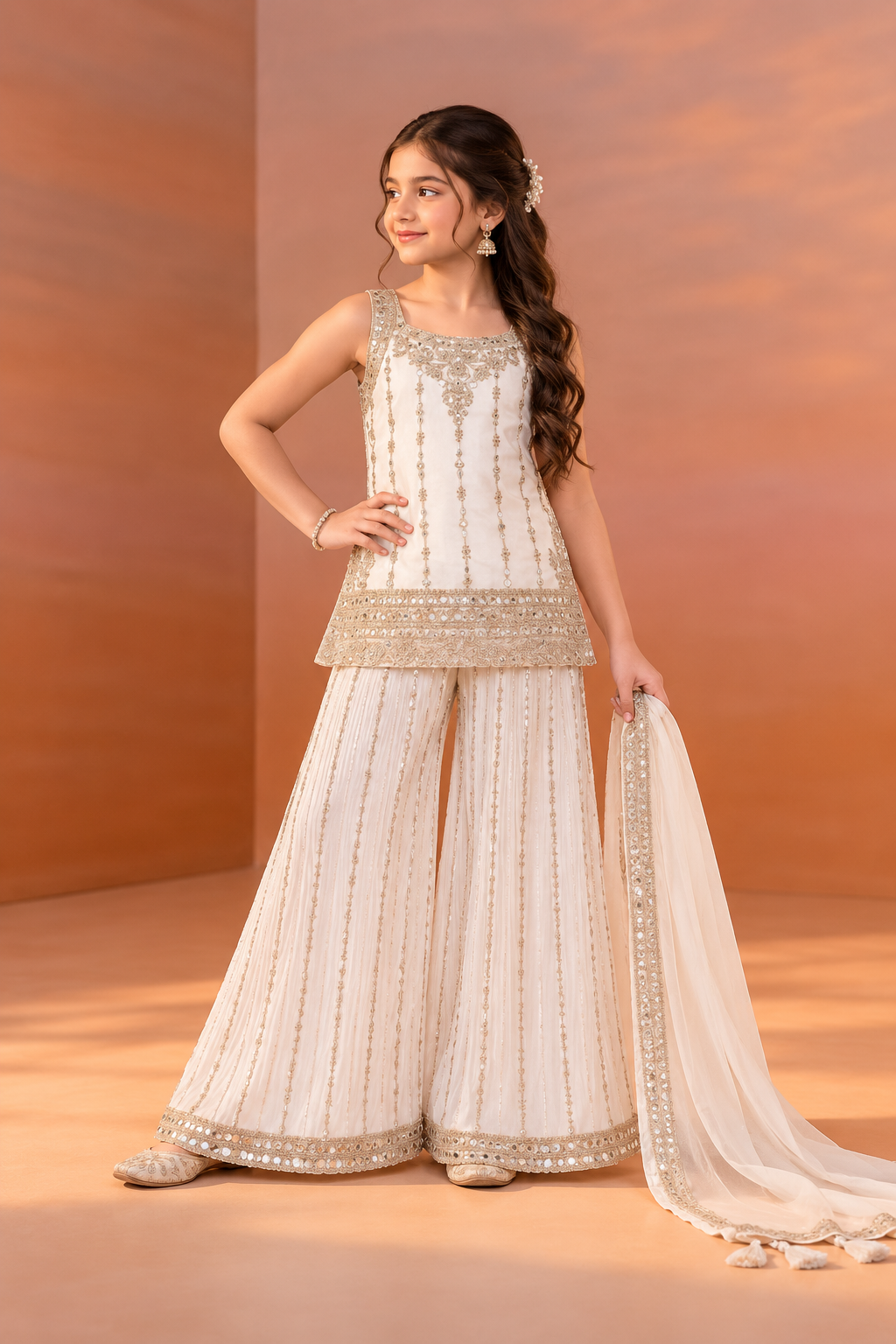 Cream Designer Embroidered Palazzo Set For Girls
