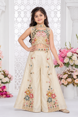 Girls Beige Bead Work With Floral Embroidered Palazzo Set with Dupatta