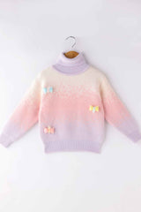 Purple Polo Neck Pullover With Bow Embellished For Girls