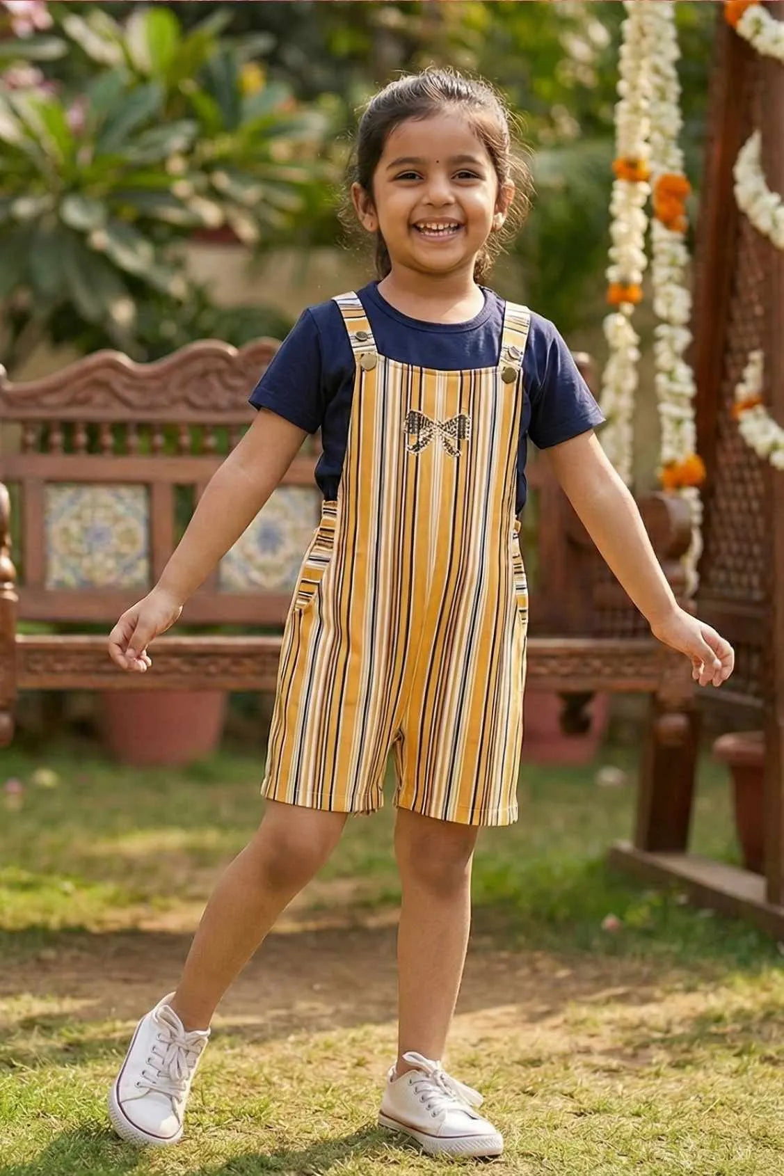 Mustard Yellow Striped Dungaree Set For Girls
