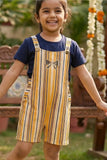 Mustard Yellow Striped Dungaree Set For Girls