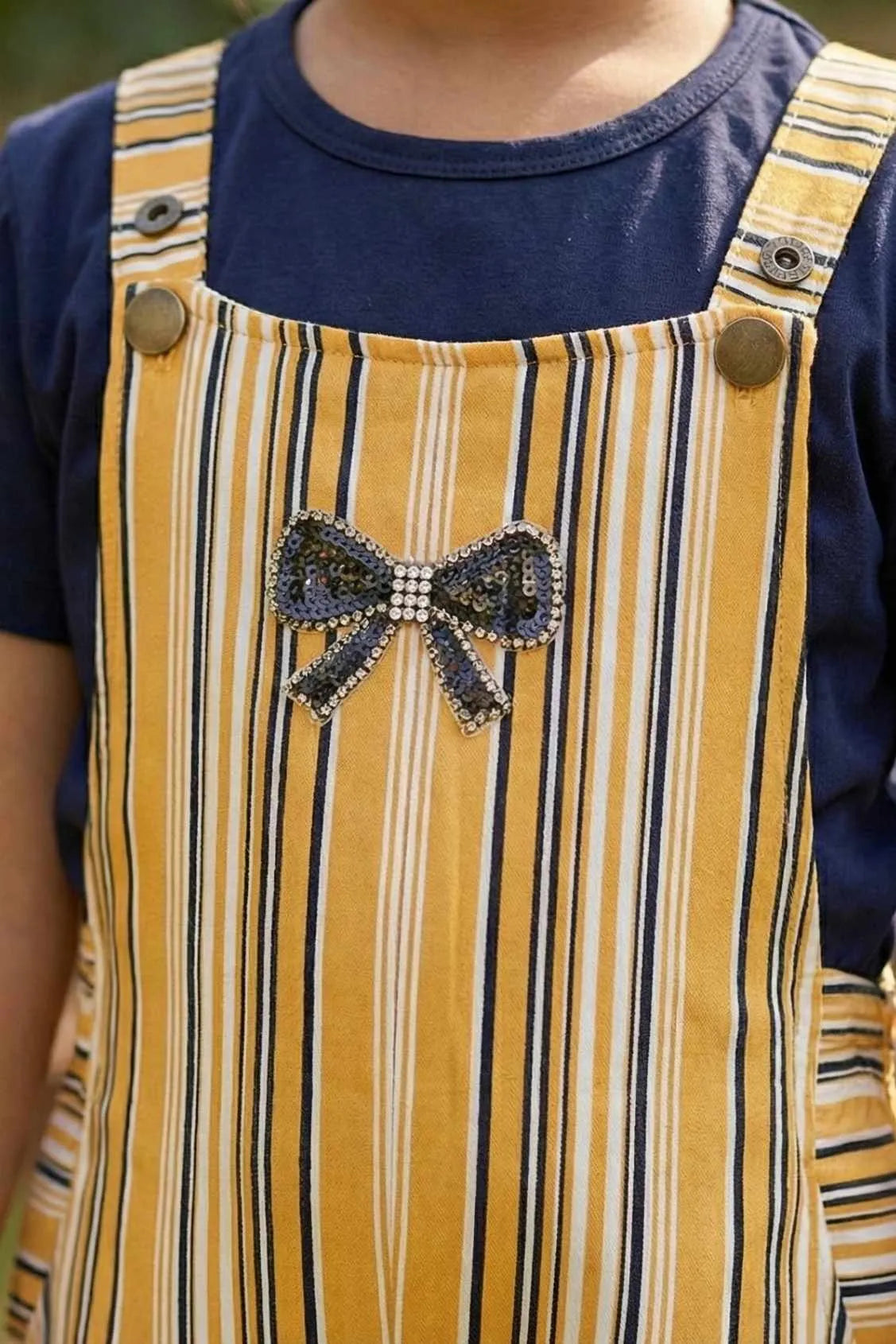 Mustard Yellow Striped Dungaree Set For Girls
