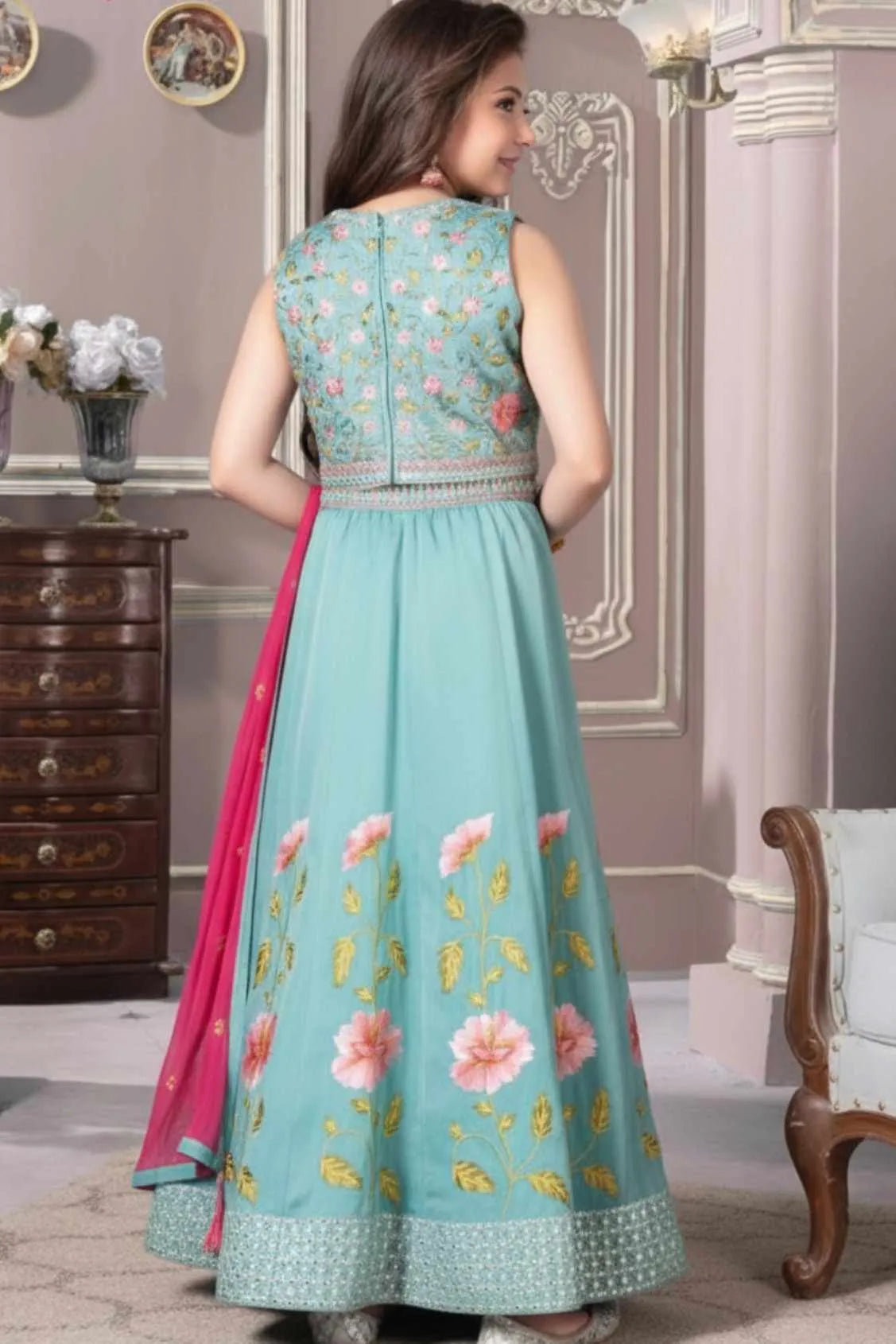 Pista Floral Embroidered Lehenga Choli Set With Dupatta for Girls