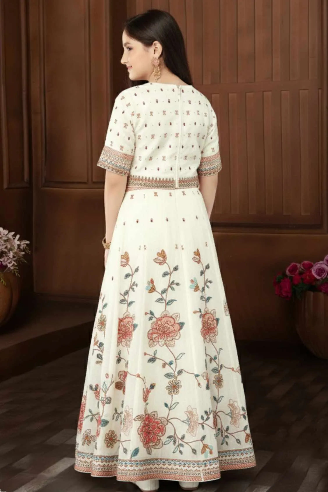 Ivory Floral Embroidered Lehenga Choli Set with Dupatta for Girls