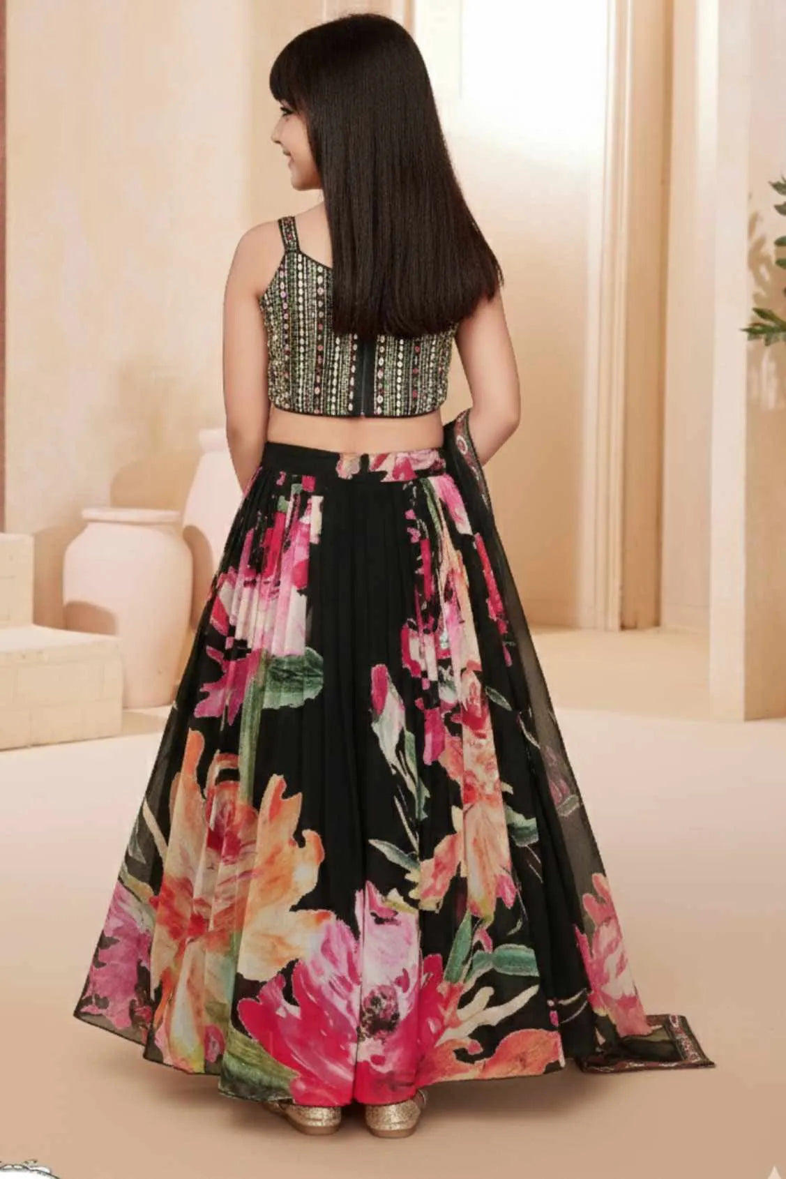 Black Floral Printed Lehenga Choli Set for Girls