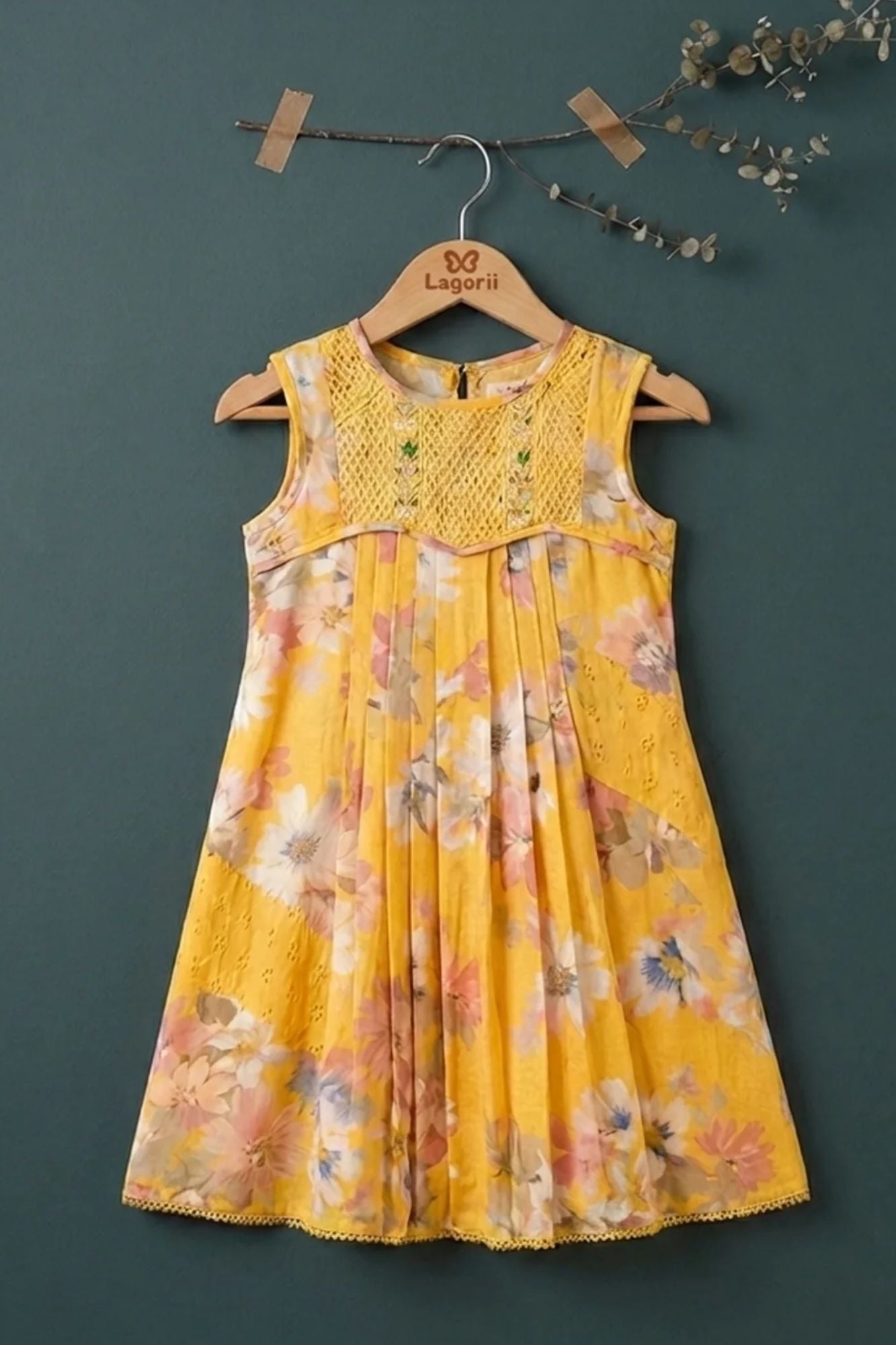 Girls Mustard Yellow Floral Printed Dress With Embroidered Yoke