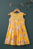 Girls Mustard Yellow Floral Printed Dress With Embroidered Yoke