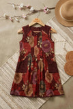Girls Maroon Floral Printed Dress With Lace Panels and Pleats