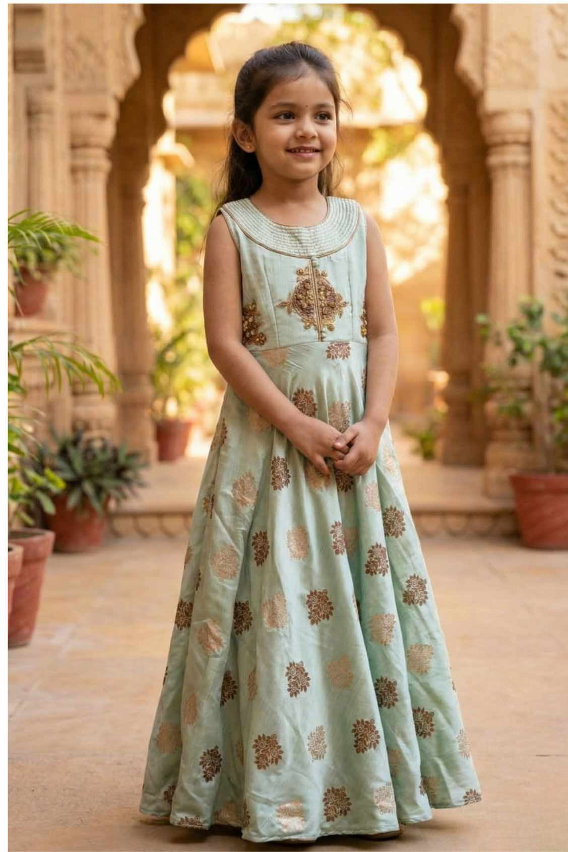 Mint Green Printed Ethnic Gown For Girls