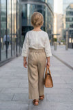 Girls Beige Wide-Leg Pants with Embroidered Top Set