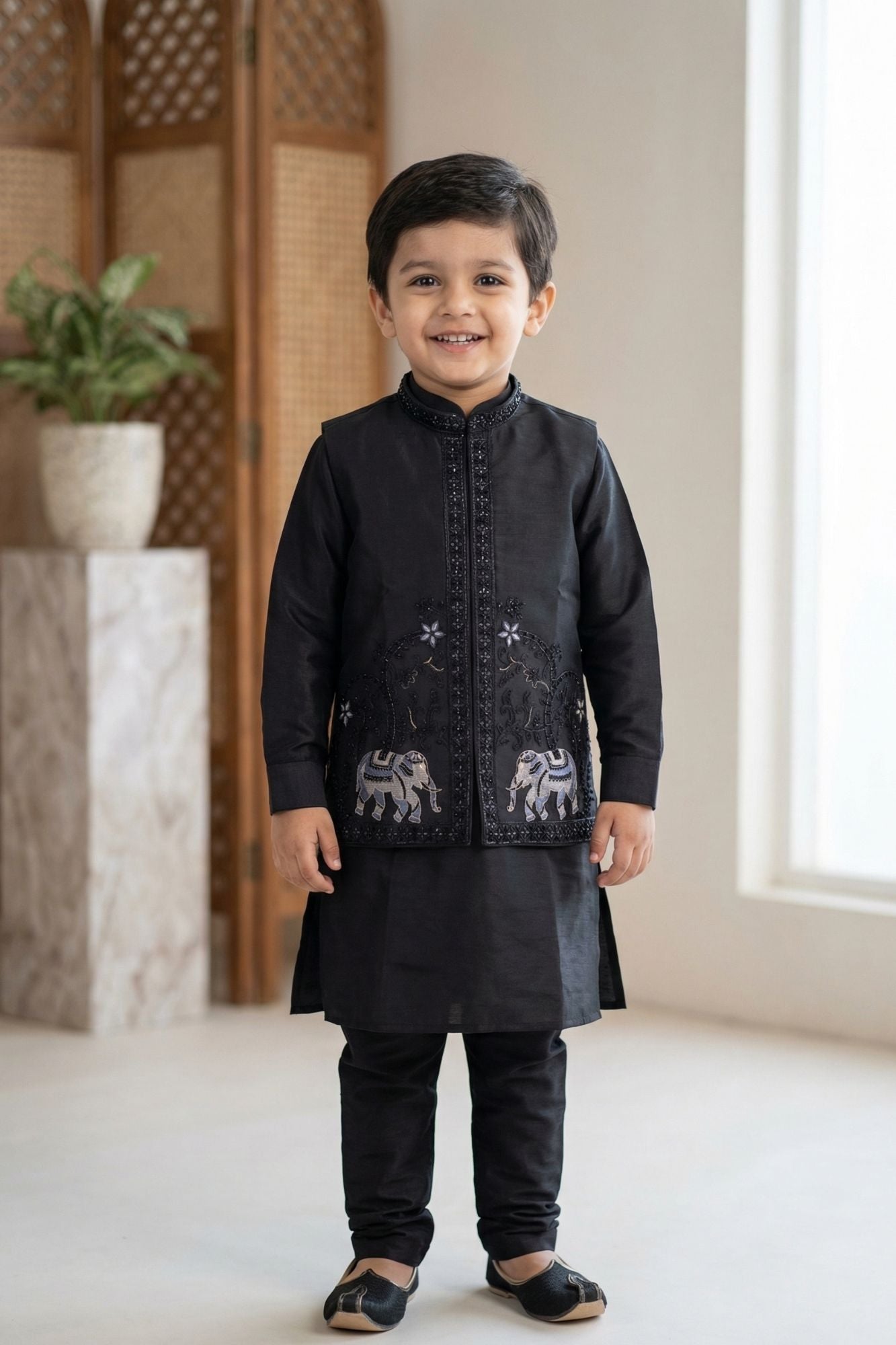 Royal Black Elephant Embroidered Jacket Kurta Set For Boys