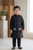 Royal Black Elephant Embroidered Jacket Kurta Set For Boys