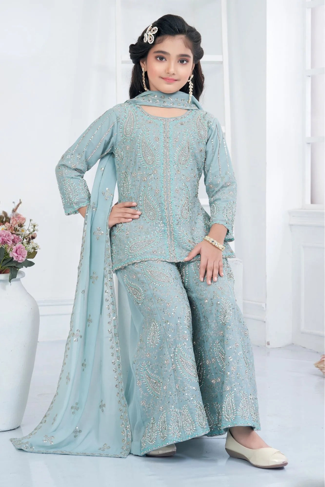 Aqua Blue Embroidered Palazzo Set for Girls