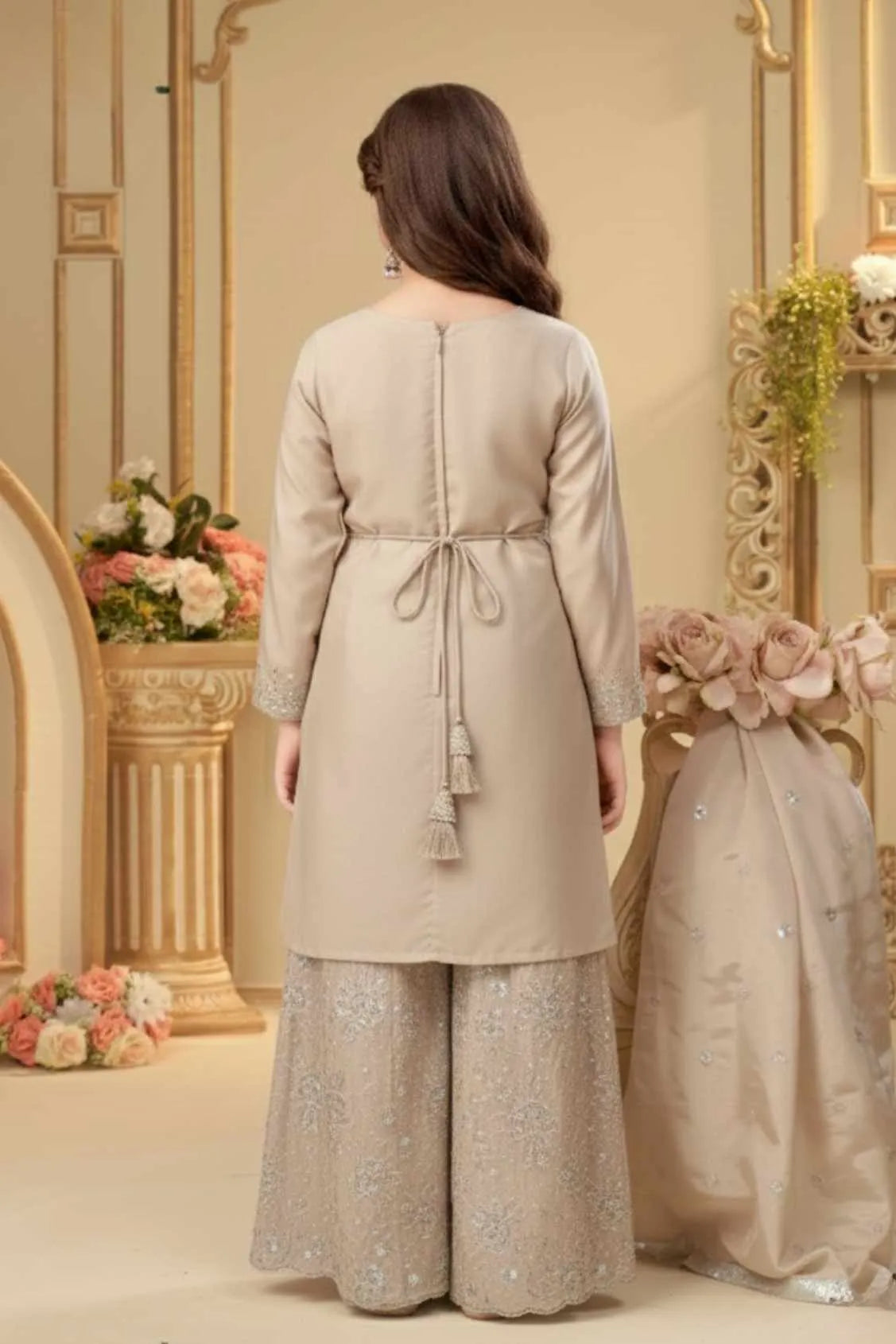 Fawn Embroidered Kurti Sharara Set With Dupatta for Girls