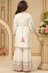 Cream Embroidered Sharara Set With Dupatta for Girls