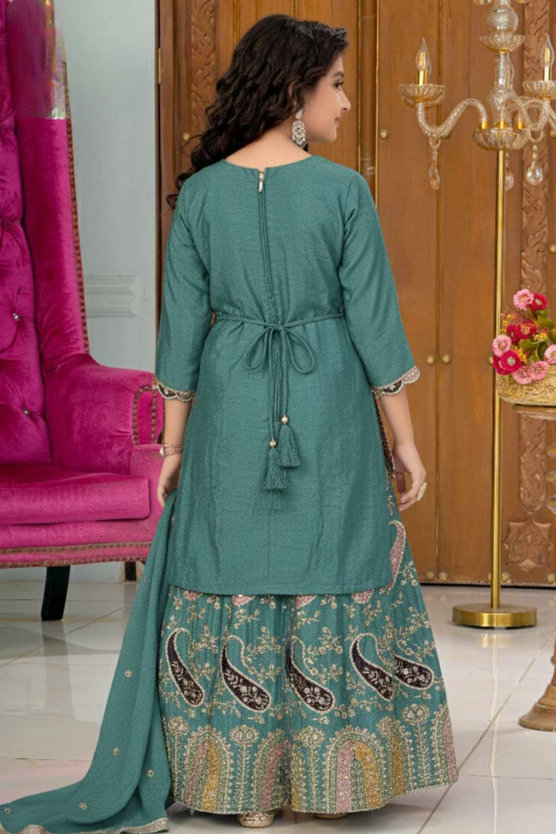 Rama Green Embroidered Lehenga Set for Girls
