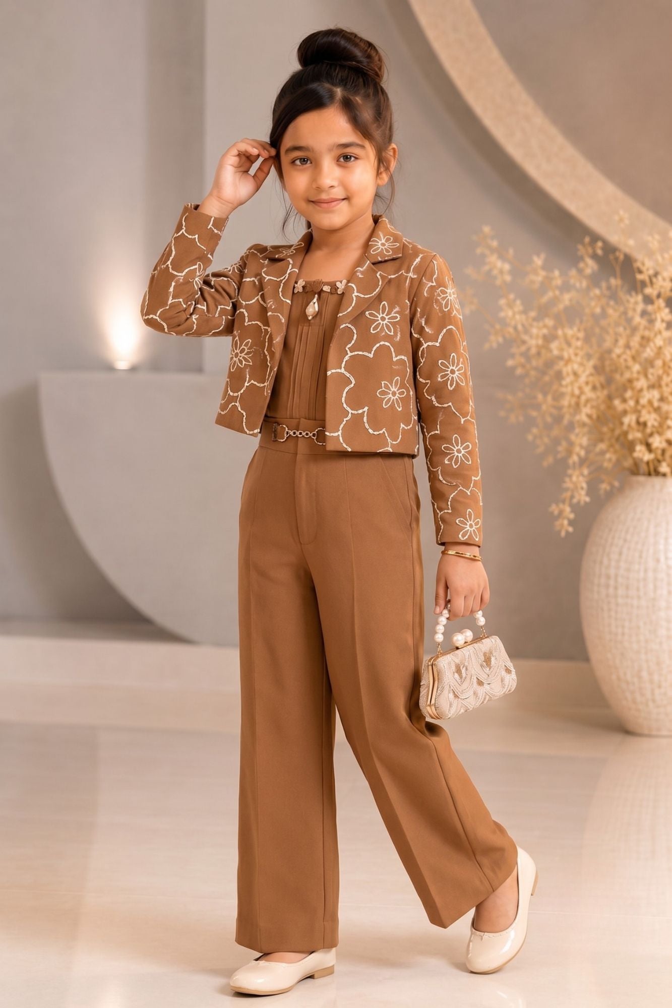 Mocha Embroidered Co-ord Set with Cropped Jacket For Girls