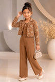 Mocha Embroidered Co-ord Set with Cropped Jacket For Girls