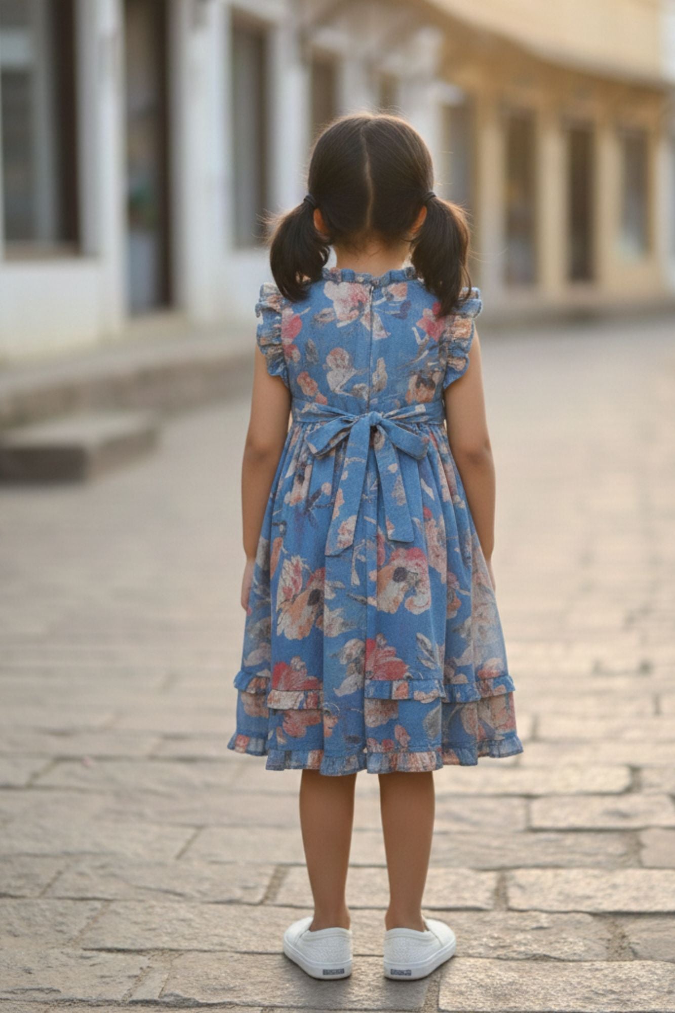 Blue Floral Printed Cotton Frock with Ruffle Yoke For Girls
