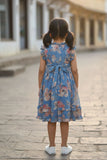 Blue Floral Printed Cotton Frock with Ruffle Yoke For Girls