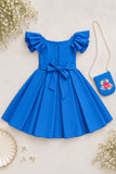 Blue Floral Embroidered Frock with Sling Bag For Girls
