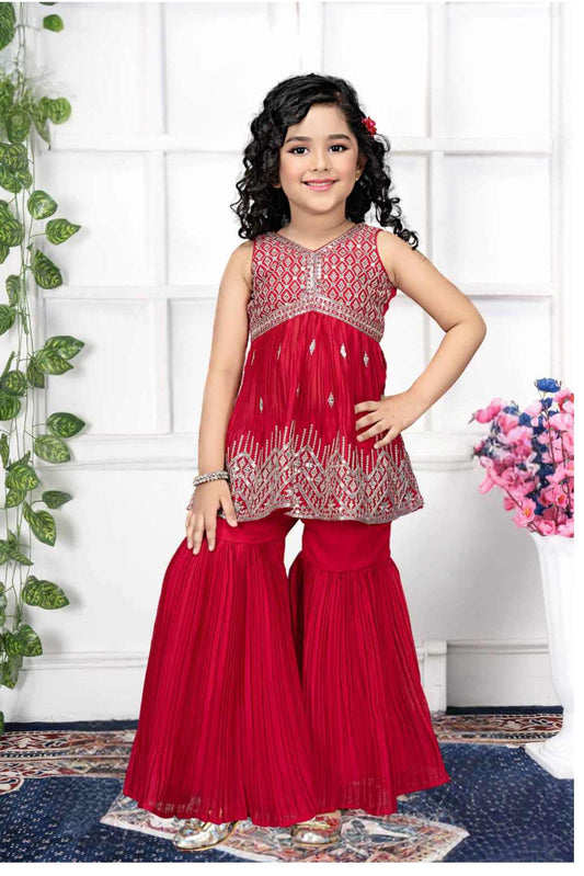 Elegant Red Sequin Alia Cut Sharara Set For Girls