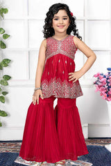 Elegant Red Sequin Alia Cut Sharara Set For Girls