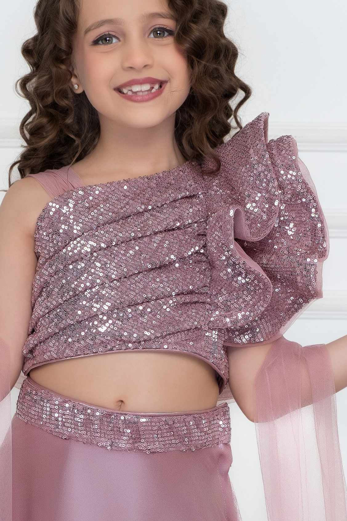 Mauve Organza Lehenga Choli And Dupatta For Girls