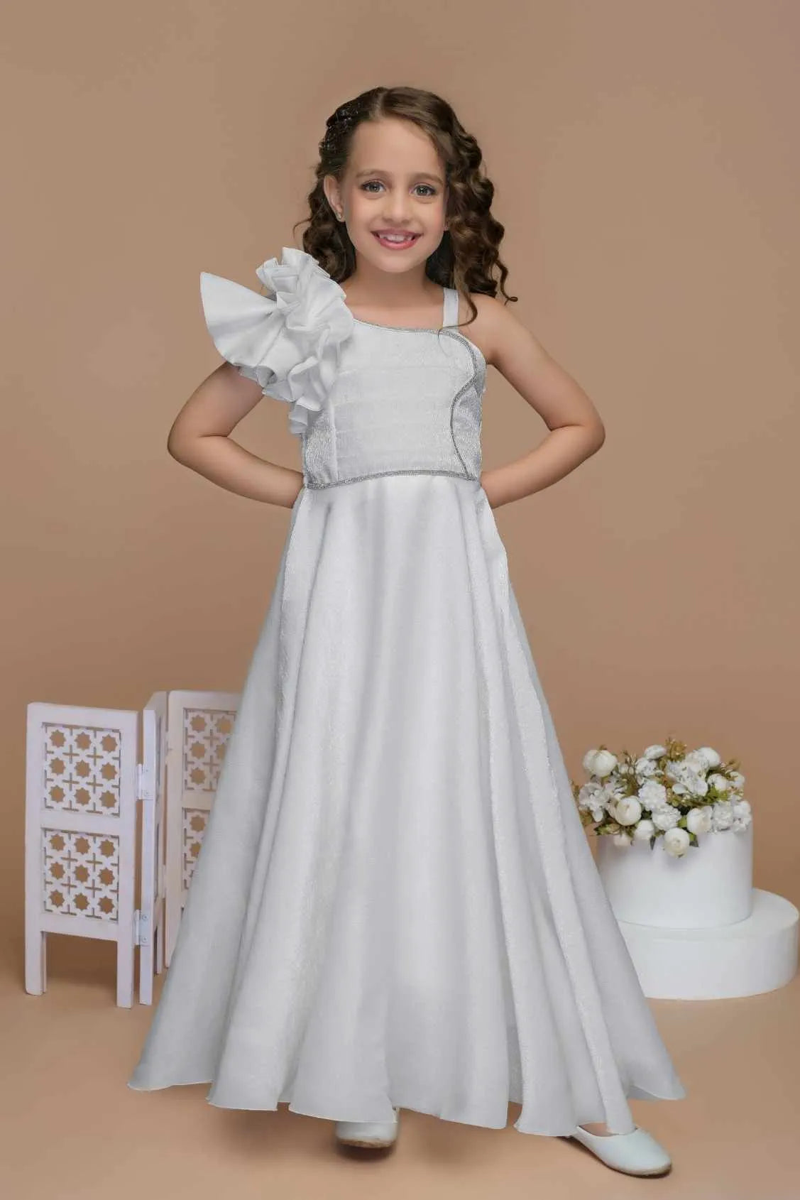 White One-Shoulder Party Wear Gown For Girls