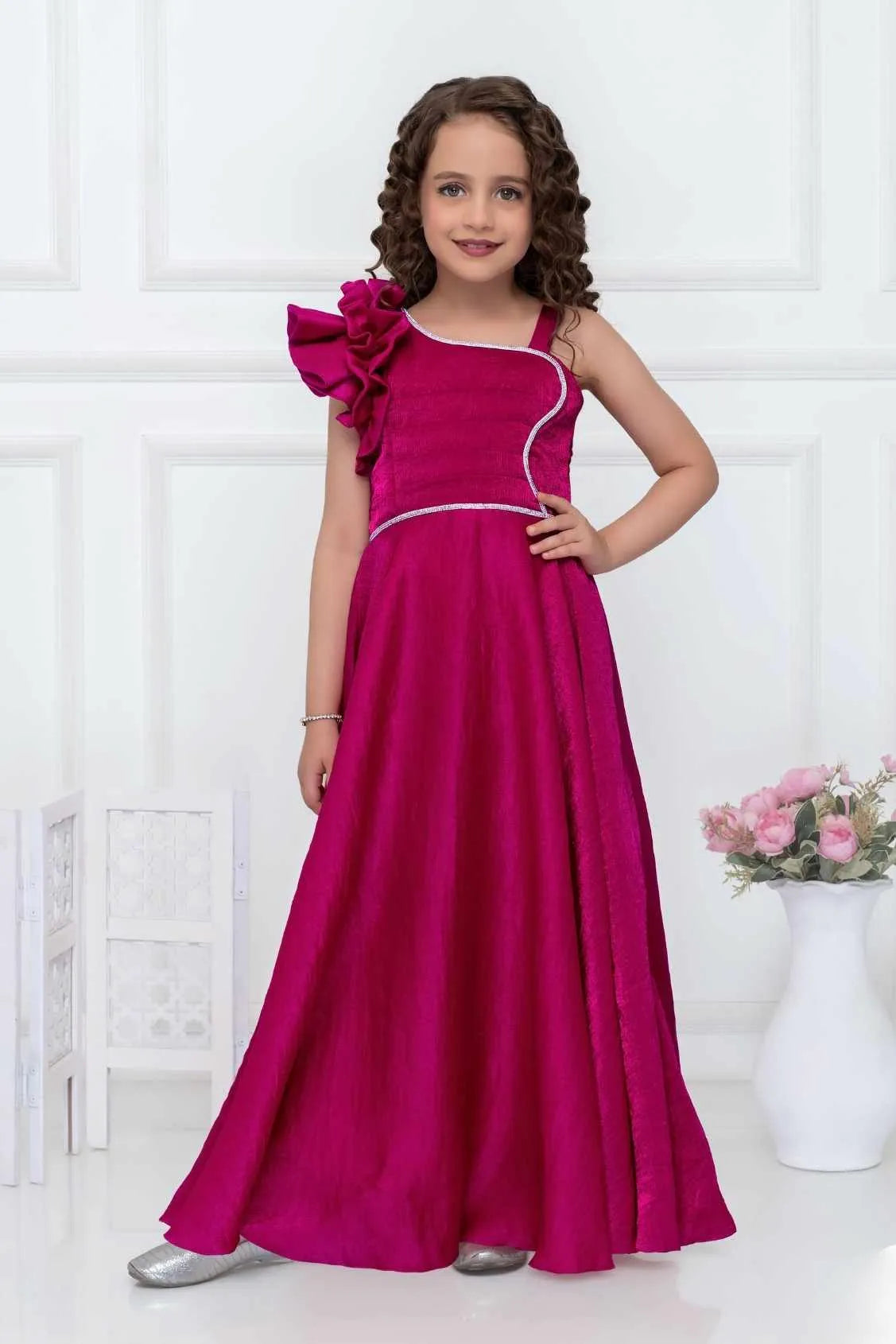 Rani Pink One-Shoulder Party Wear Gown For Girls