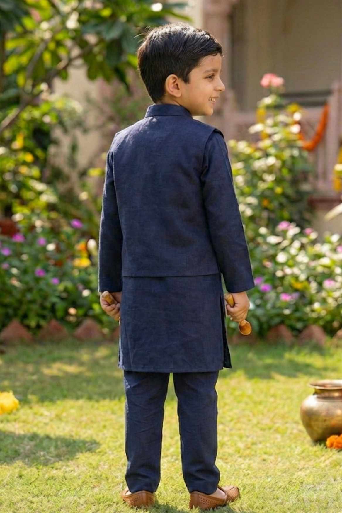 Navy Blue Kurta with Embroidered Waist-coat For Boys