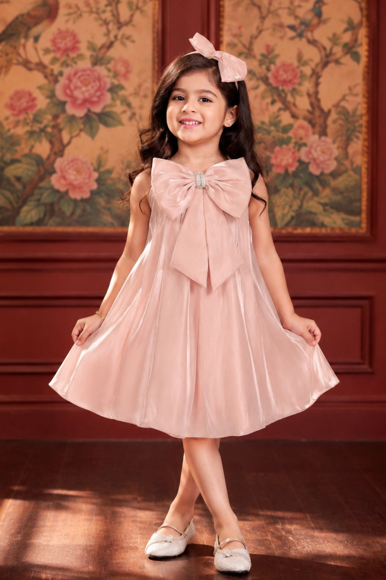 Peach 3D Bow Embellished Party Wear Frock For Girls