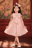 Peach 3D Bow Embellished Party Wear Frock For Girls