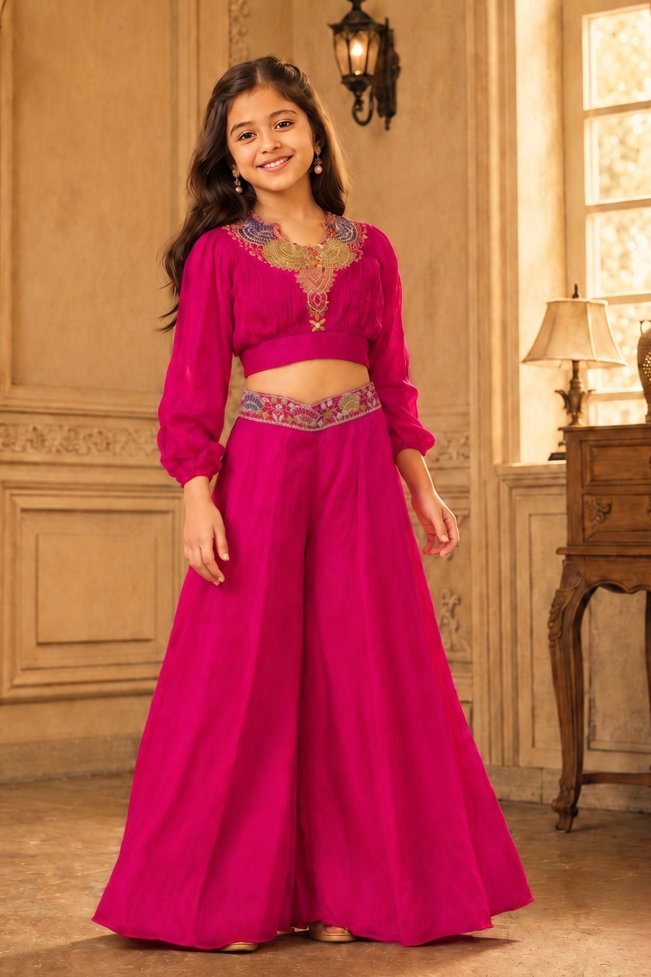 Rani Pink Embroidered Palazzo Set with Wide Leg Pants