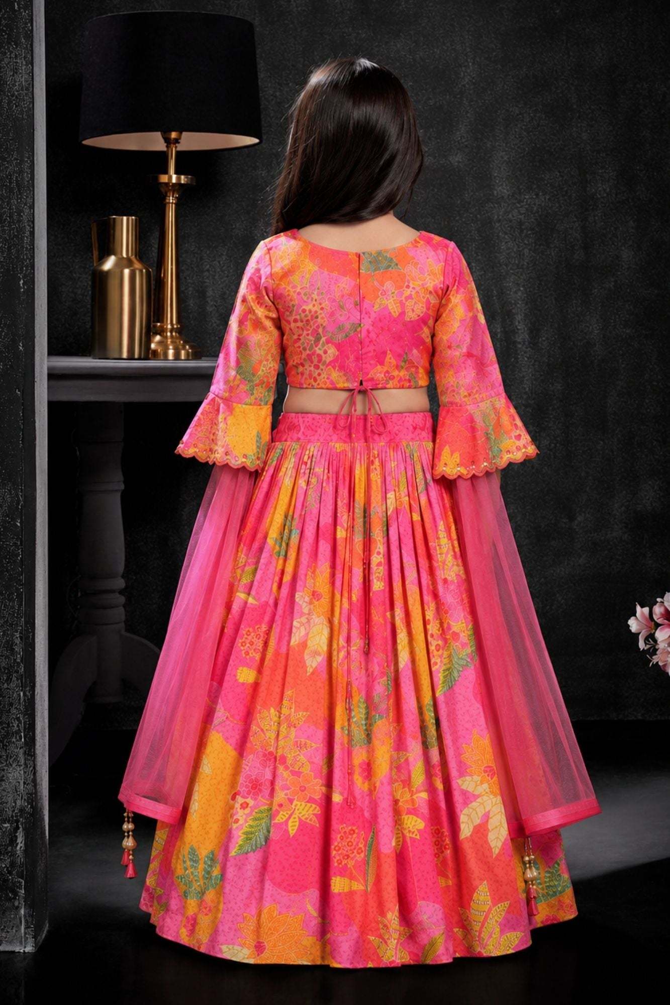 Pink and Orange Floral Printed Lehenga Choli Set with Dupatta