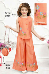 Orange Embroidered Work Palazzo Set With Sling Bag For Girls