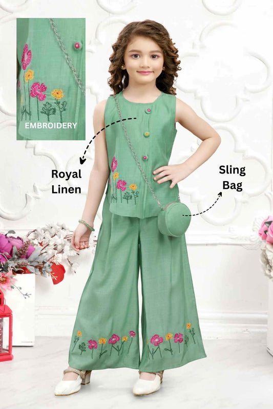 Green Embroidered Work Palazzo Set With Sling Bag For Girls