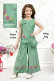 Green Embroidered Work Palazzo Set With Sling Bag For Girls
